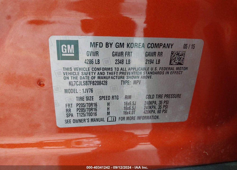 2015 CHEVROLET TRAX LT VIN: KL7CJLSB7FB208428
