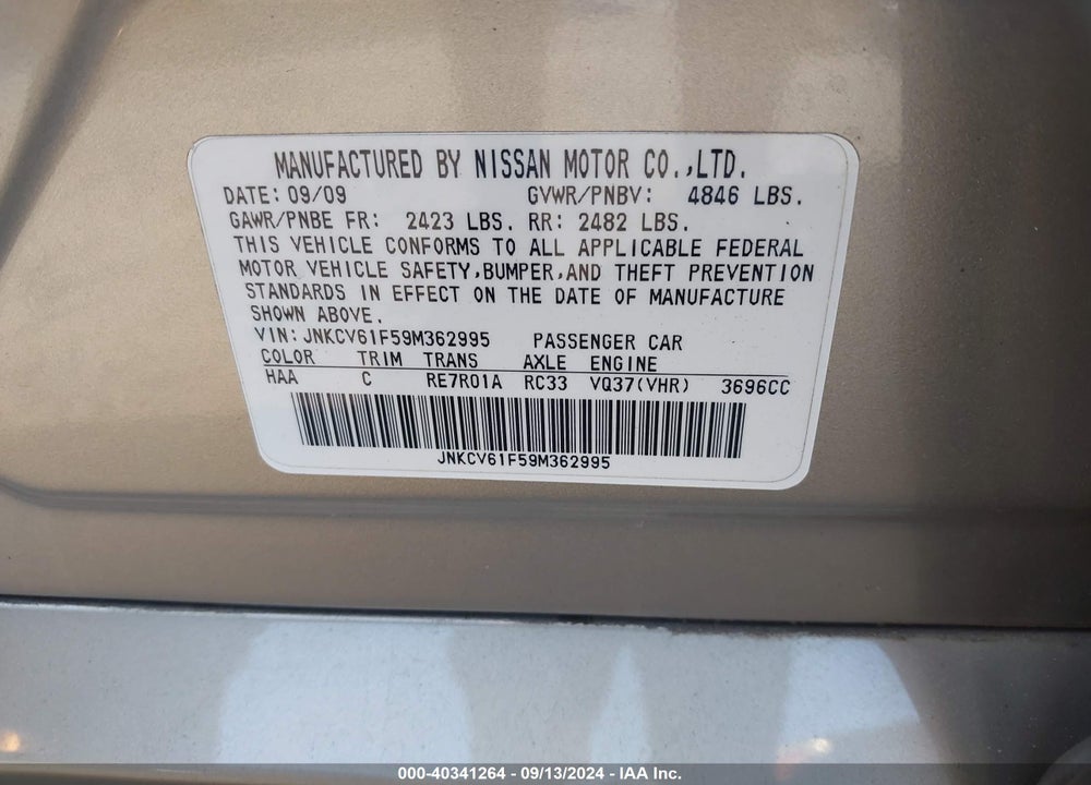 2009 INFINITI G37X VIN: JNKCV61F59M362995