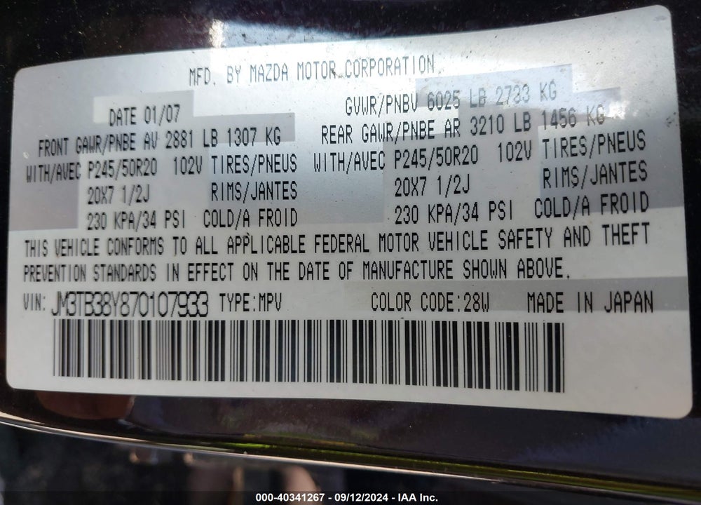 2007 MAZDA CX-9 GRAND TOURING VIN: JM3TB38Y870107933
