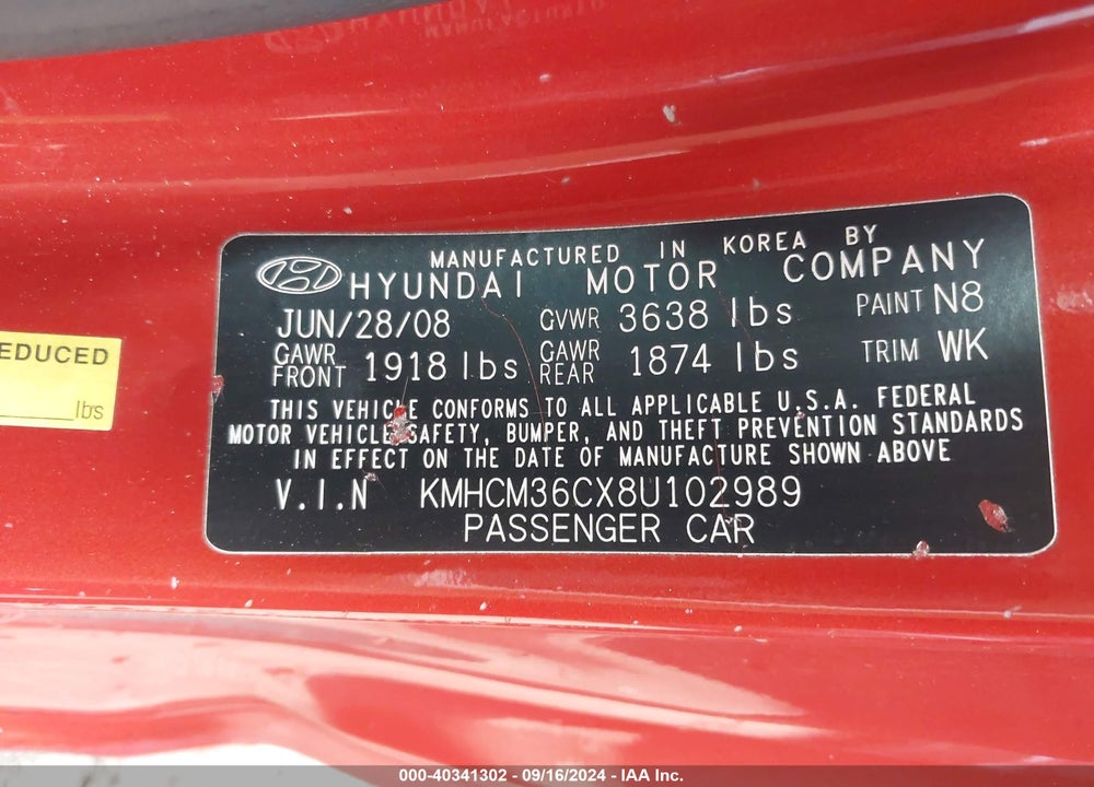2008 HYUNDAI ACCENT GS VIN: KMHCM36CX8U102989