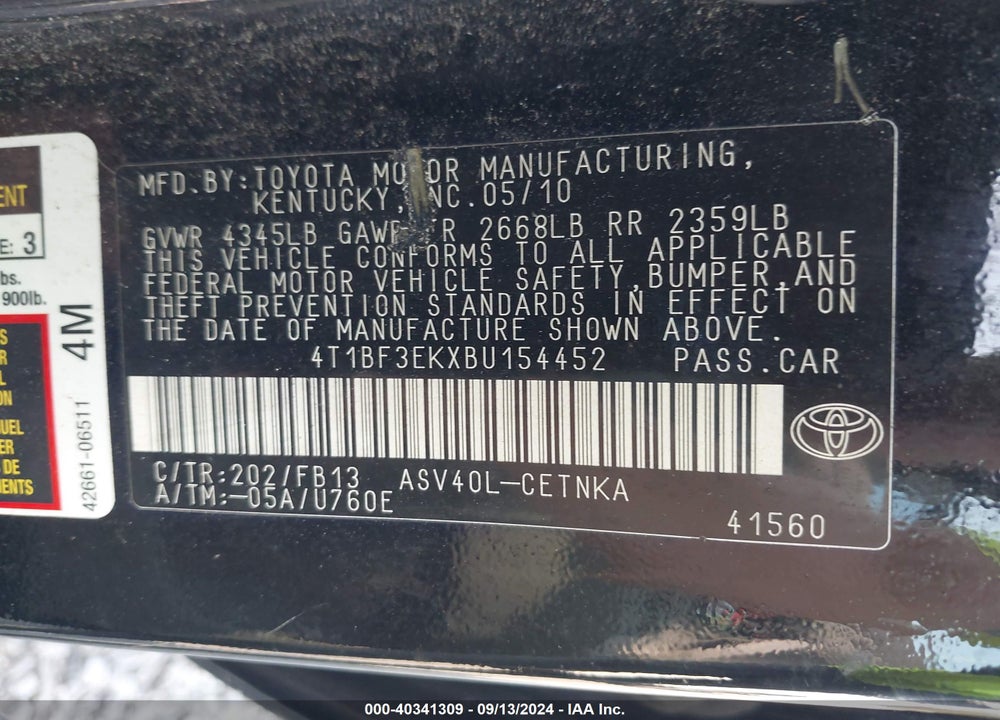 2011 TOYOTA CAMRY LE VIN: 4T1BF3EKXBU154452
