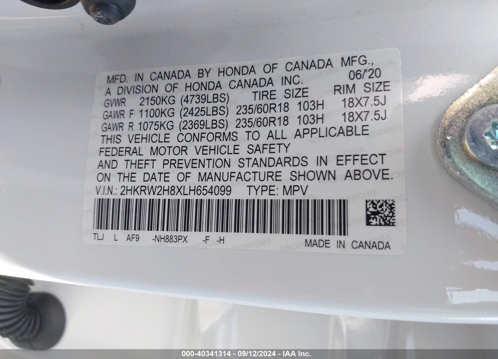 2020 HONDA CR-V AWD EX-L VIN: 2HKRW2H8XLH654099