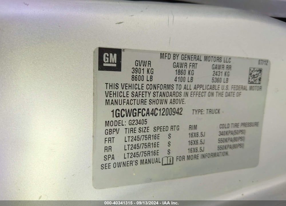 2012 CHEVROLET EXPRESS 2500 WORK VAN VIN: 1GCWGFCA4C1200942