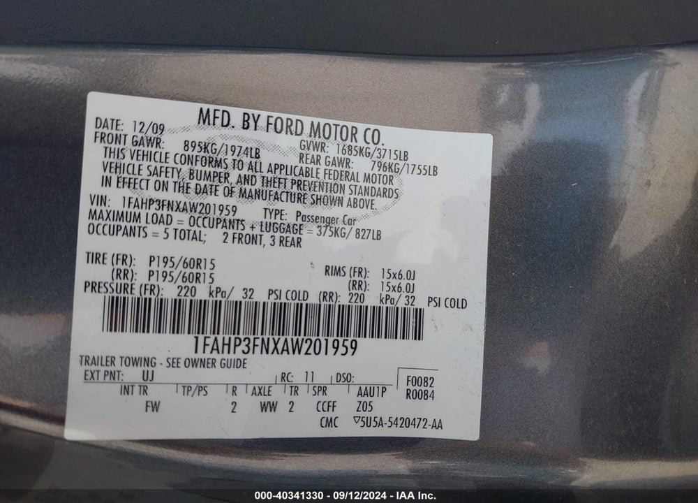 2010 FORD FOCUS SE VIN: 1FAHP3FNXAW201959