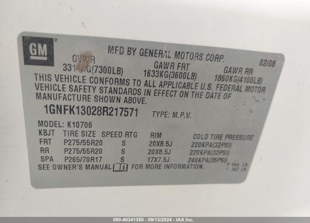 2008 CHEVROLET TAHOE LTZ VIN: 1GNFK13028R217571