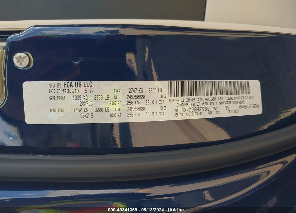 2017 CHRYSLER PACIFICA LIMITED VIN: 2C4RC1GG9HR777902
