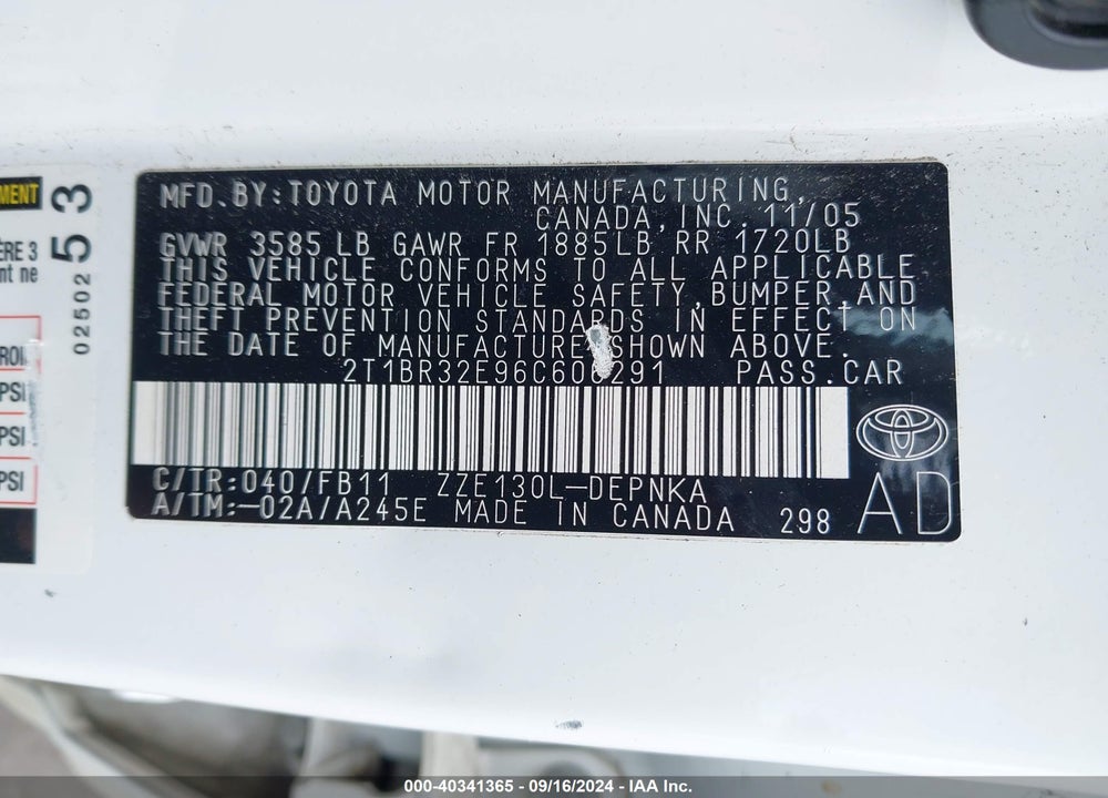 2006 TOYOTA COROLLA LE VIN: 2T1BR32E96C606291