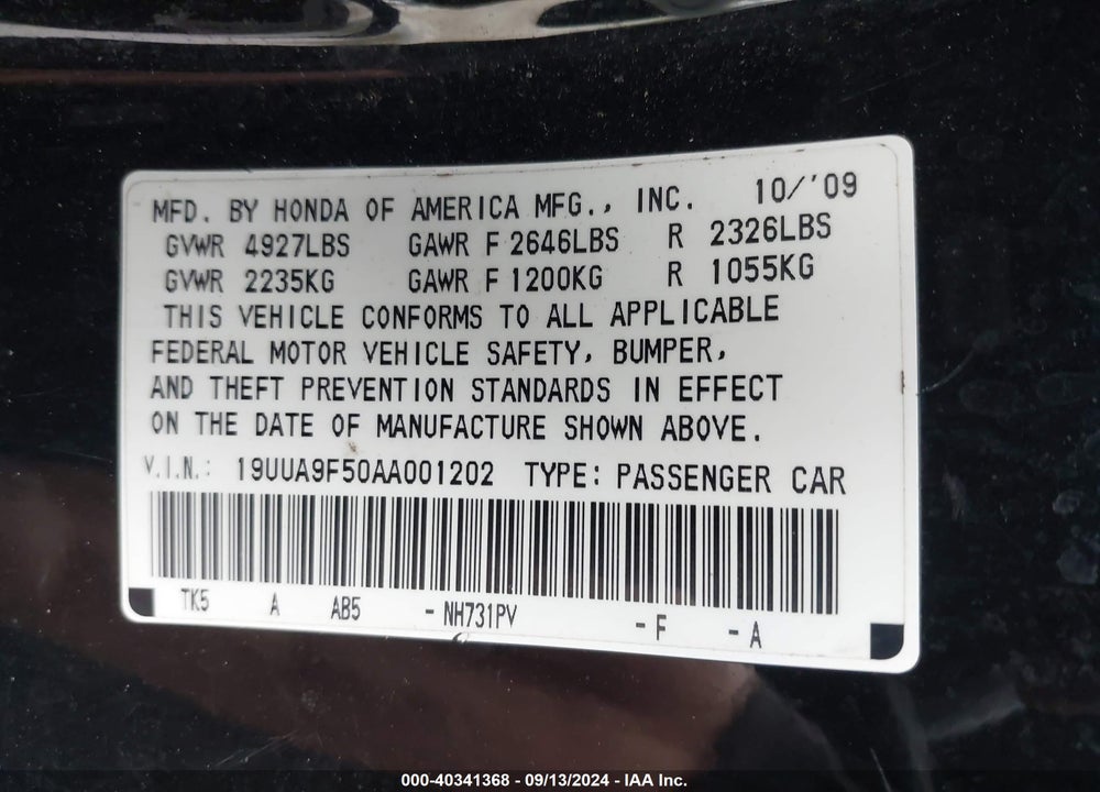 2010 ACURA TL 3.7 VIN: 19UUA9F50AA001202