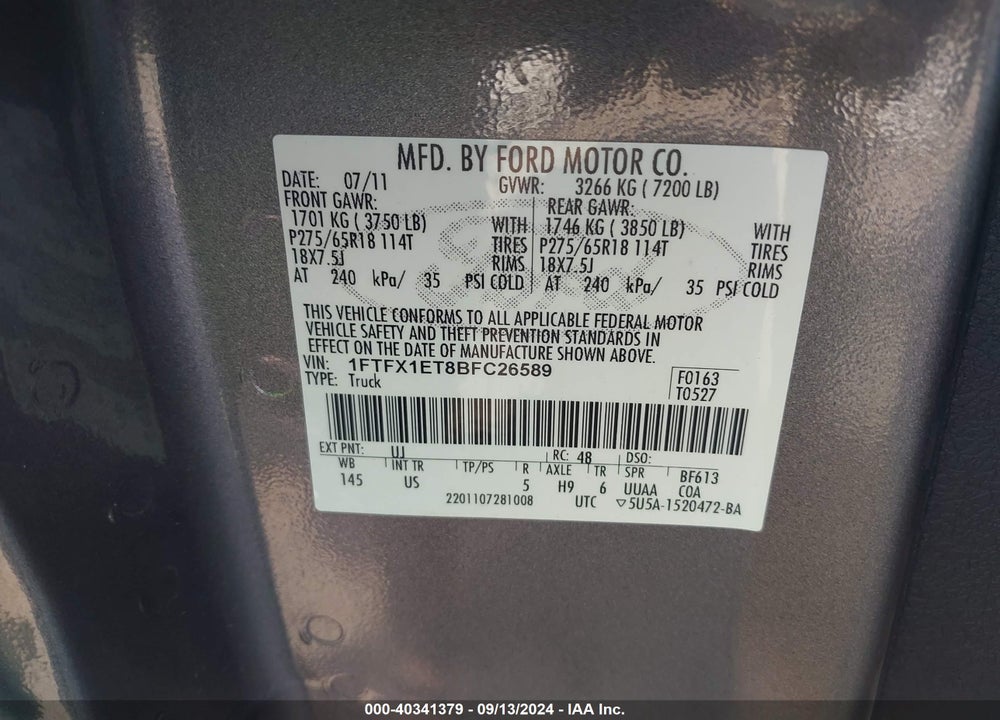 2011 FORD F-150 XLT VIN: 1FTFX1ET8BFC26589