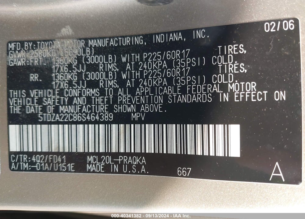 2006 TOYOTA SIENNA VIN: 5TDZA22C86S464389