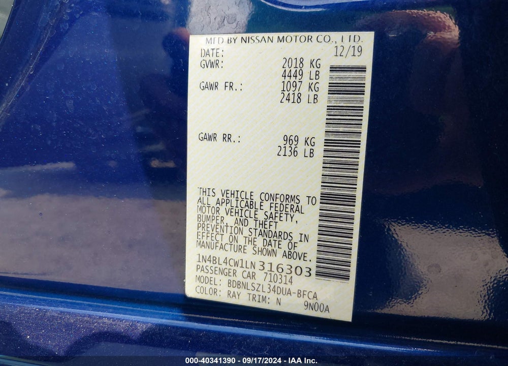 2020 NISSAN ALTIMA SR INTELLIGENT AWD VIN: 1N4BL4CW1LN316303