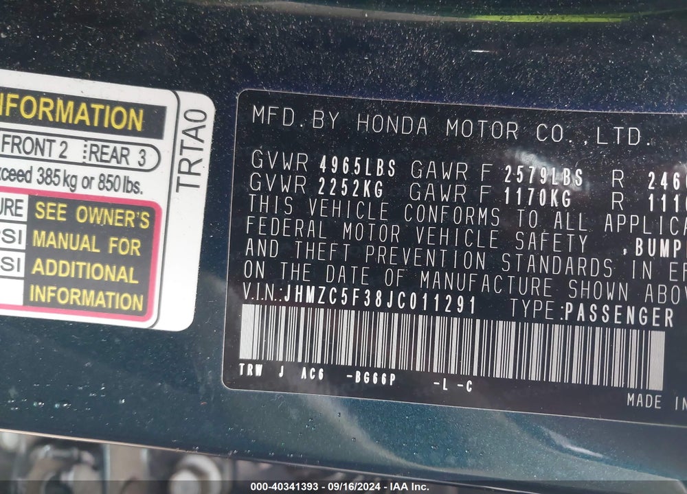 2018 HONDA CLARITY PLUG-IN HYBRID TOURING VIN: JHMZC5F38JC011291