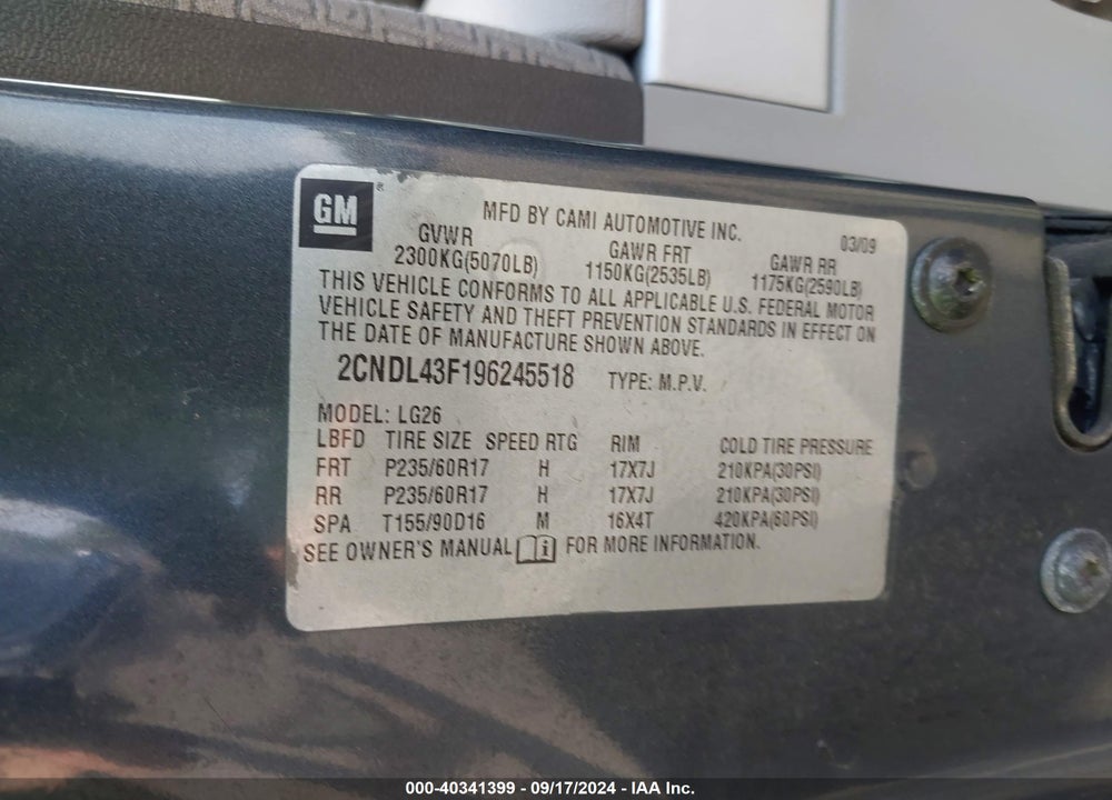 2009 CHEVROLET EQUINOX LT VIN: 2CNDL43F196245518