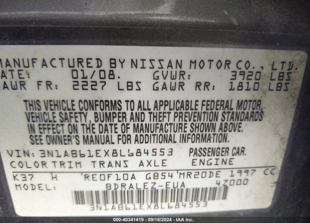 2008 NISSAN SENTRA 2.0S VIN: 3N1AB61EX8L684553