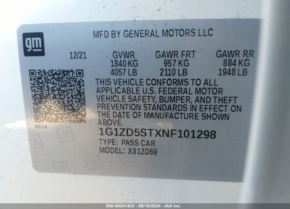 2022 CHEVROLET MALIBU FWD LT VIN: 1G1ZD5STXNF101298