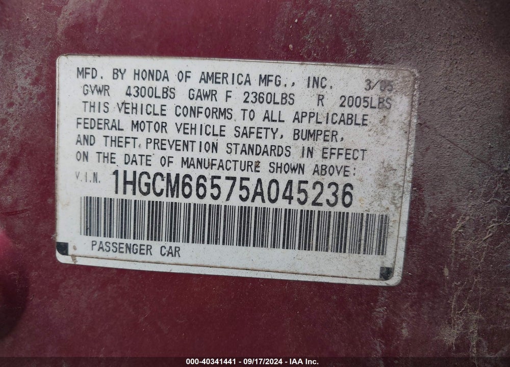 2005 HONDA ACCORD 3.0 EX VIN: 1HGCM66575A045236