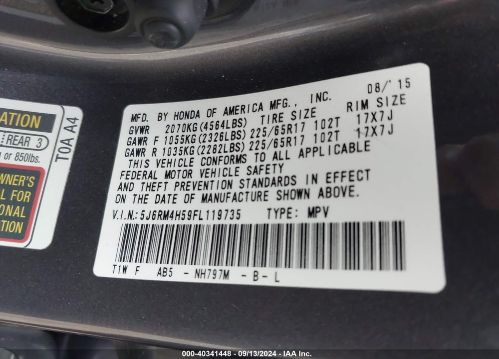 2015 HONDA CR-V EX VIN: 5J6RM4H59FL119735