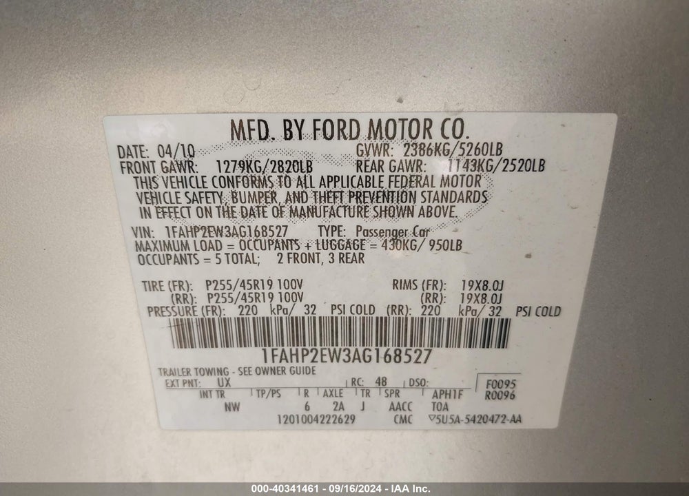 2010 FORD TAURUS SEL VIN: 1FAHP2EW3AG168527