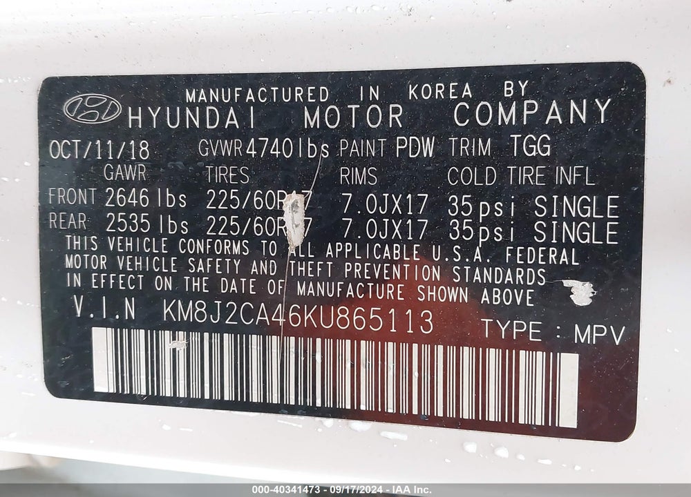 2019 HYUNDAI TUCSON SE VIN: KM8J2CA46KU865113