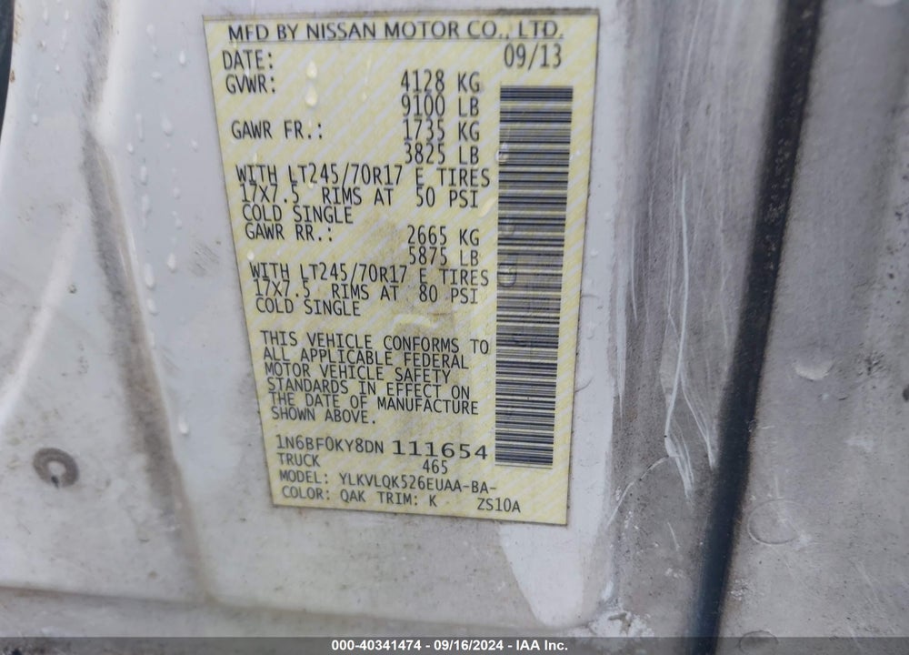 2013 NISSAN NV CARGO NV2500 HD S V6 VIN: 1N6BF0KY8DN111654