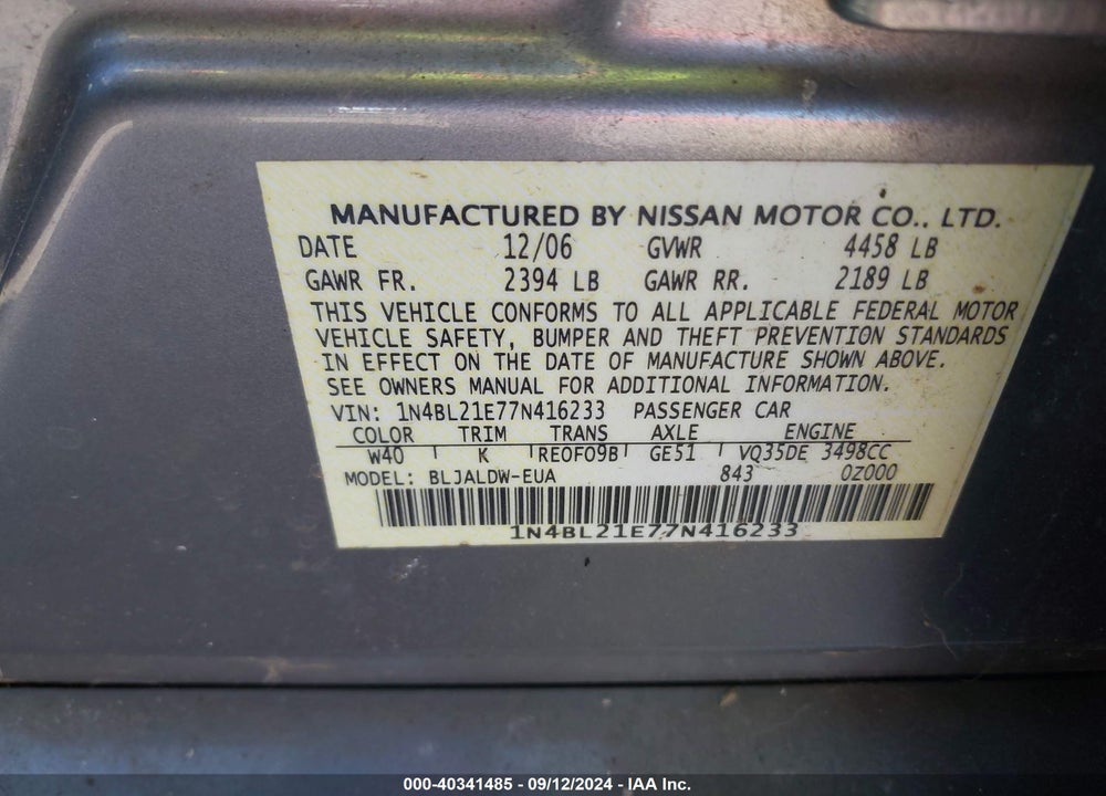 2007 NISSAN ALTIMA 3.5 SE VIN: 1N4BL21E77N416233
