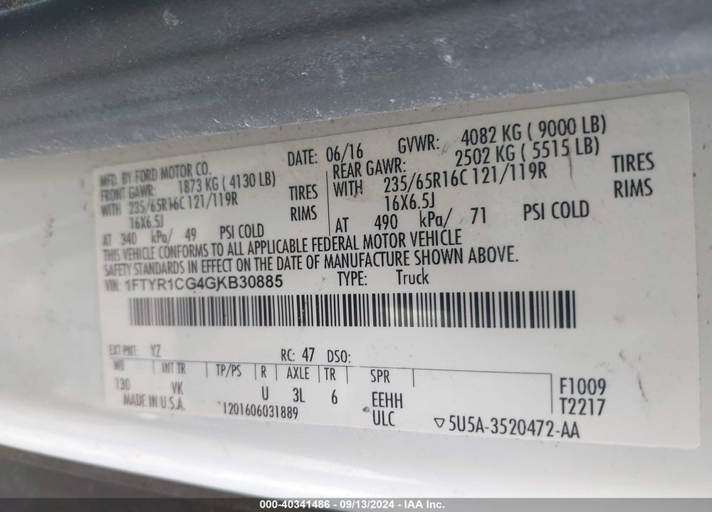 2016 FORD TRANSIT-250 VIN: 1FTYR1CG4GKB30885