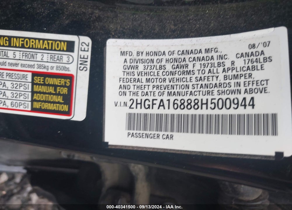 2008 HONDA CIVIC EX VIN: 2HGFA16888H500944