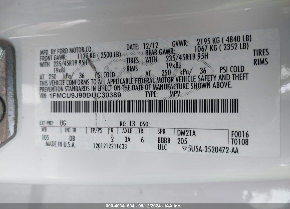 2013 FORD ESCAPE TITANIUM VIN: 1FMCU9J90DUC30389