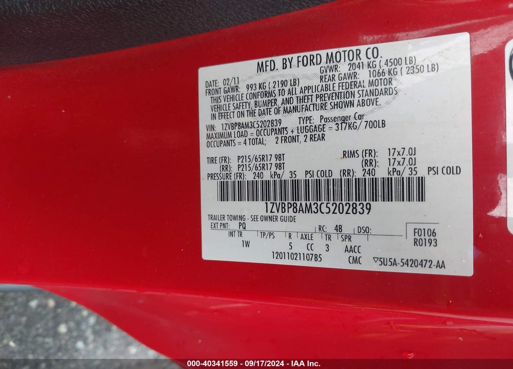 2012 FORD MUSTANG V6 VIN: 1ZVBP8AM3C5202839