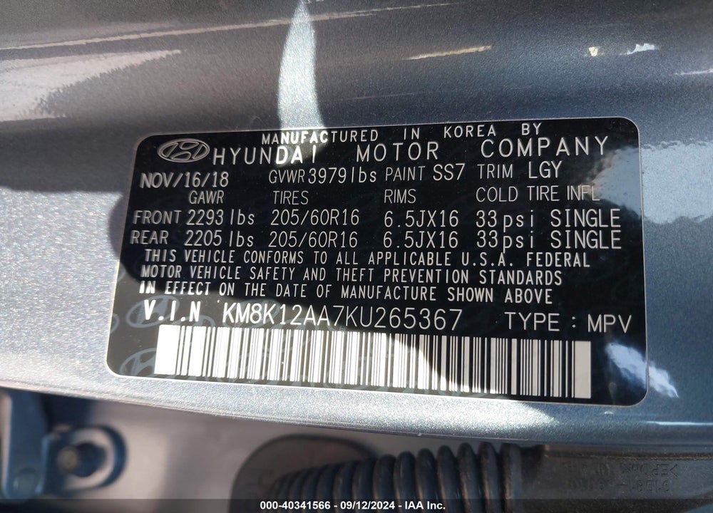 2019 HYUNDAI KONA SE VIN: KM8K12AA7KU265367