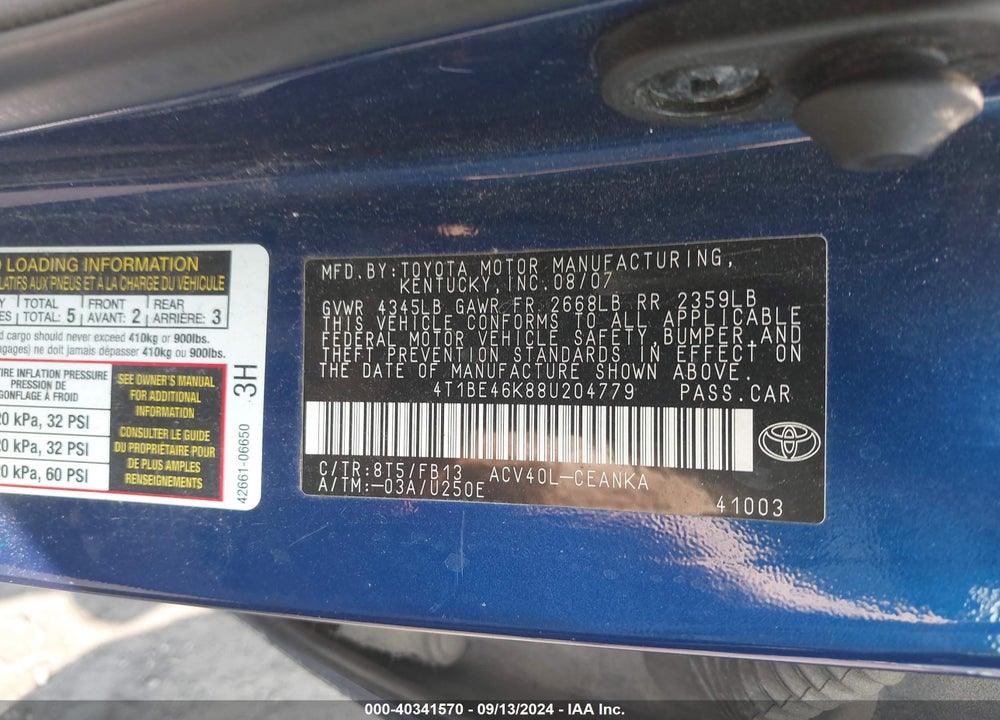2008 TOYOTA CAMRY VIN: 4T1BE46K88U204779
