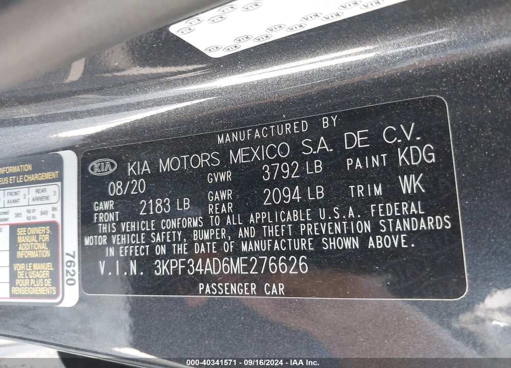 2021 KIA FORTE GT LINE VIN: 3KPF34AD6ME276626
