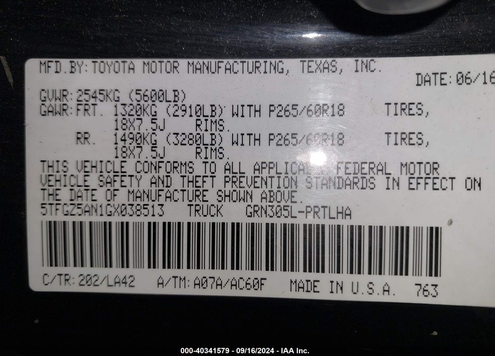 2016 TOYOTA TACOMA LIMITED VIN: 5TFGZ5AN1GX038513
