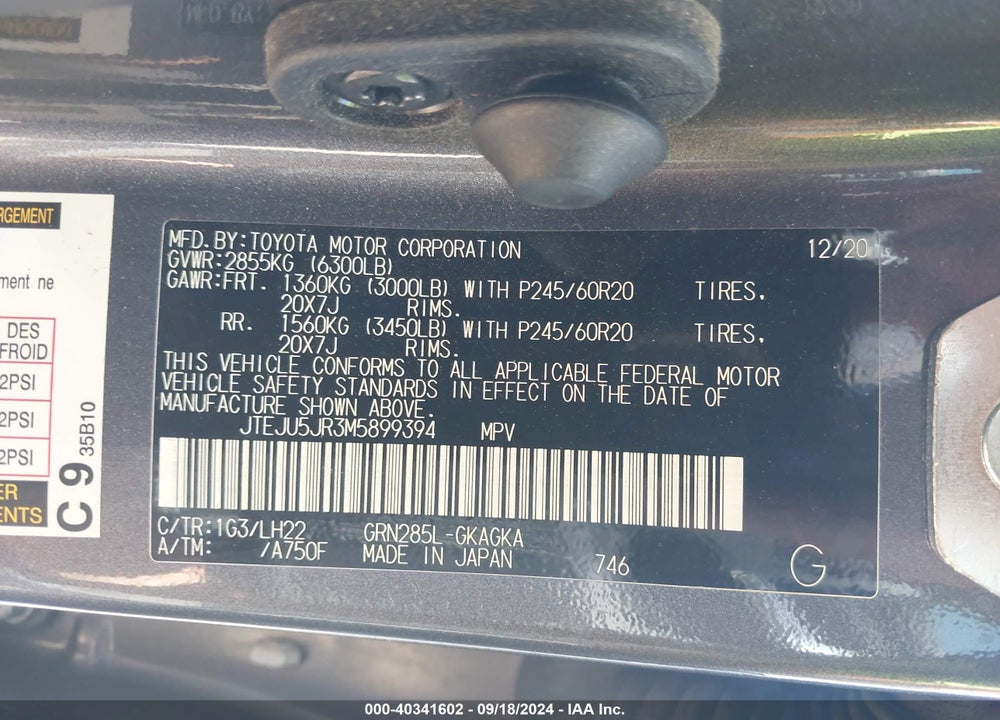 2021 TOYOTA 4RUNNER NIGHTSHADE SPECIAL EDITION VIN: JTEJU5JR3M5899394