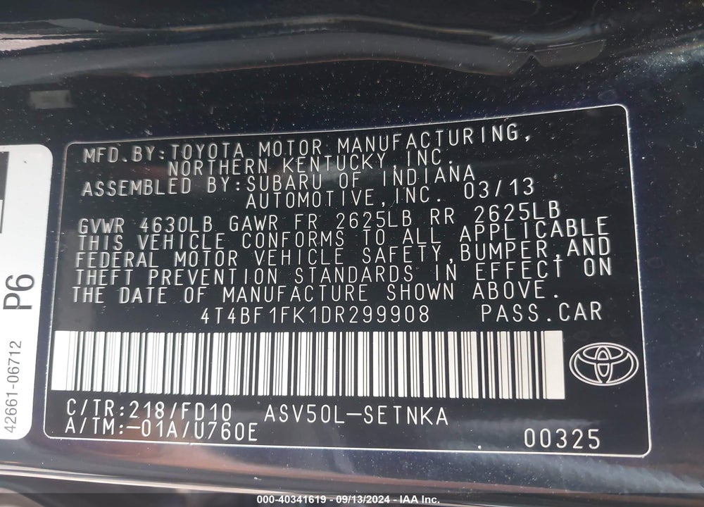 2013 TOYOTA CAMRY LE VIN: 4T4BF1FK1DR299908