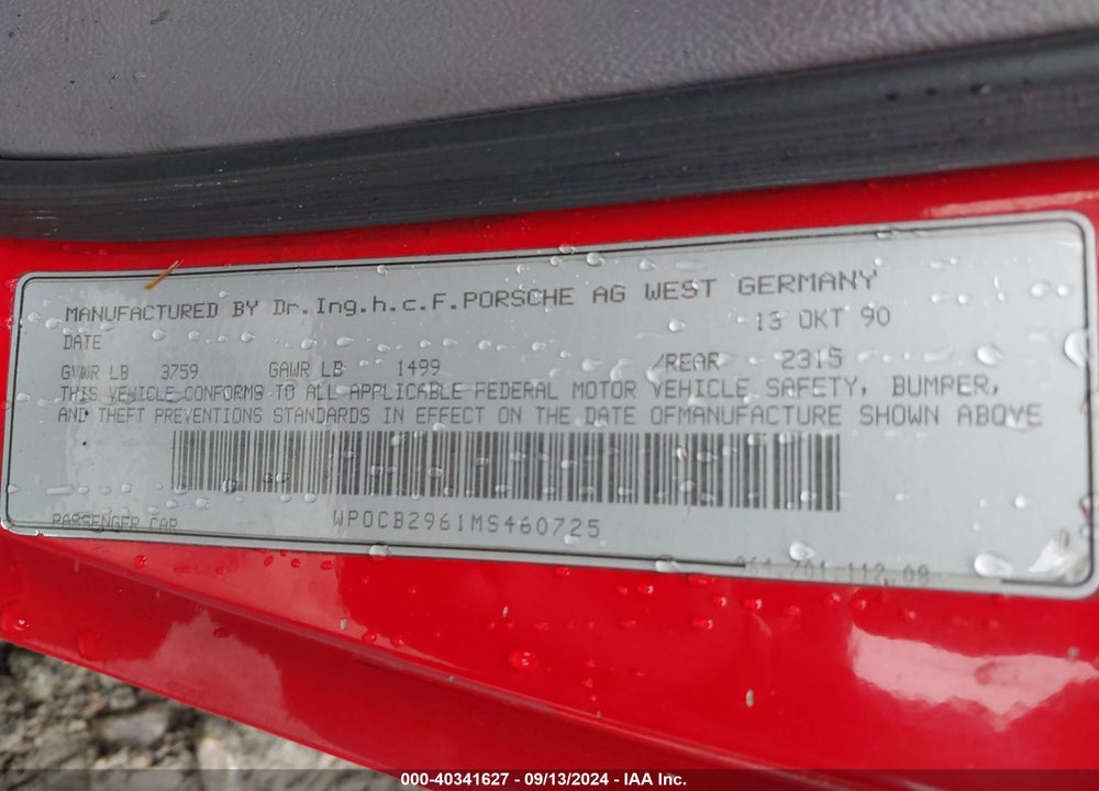 1991 PORSCHE 911 CARRERA 2/CARRERA 4 VIN: WP0CB2961MS460725