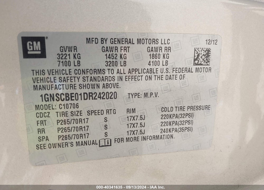 2013 CHEVROLET TAHOE LT VIN: 1GNSCBE01DR242020