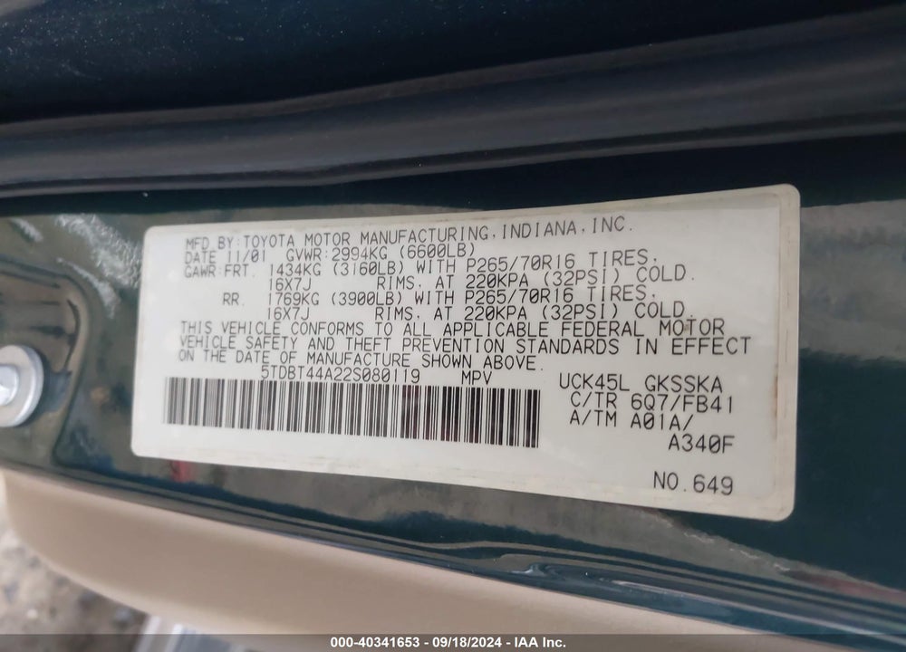 2002 TOYOTA SEQUOIA SR5 V8 VIN: 5TDBT44A22S080119