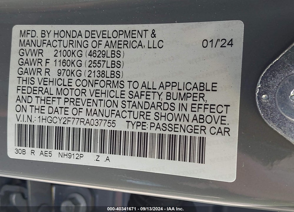 2024 HONDA ACCORD HYBRID SPORT-L VIN: 1HGCY2F77RA037755