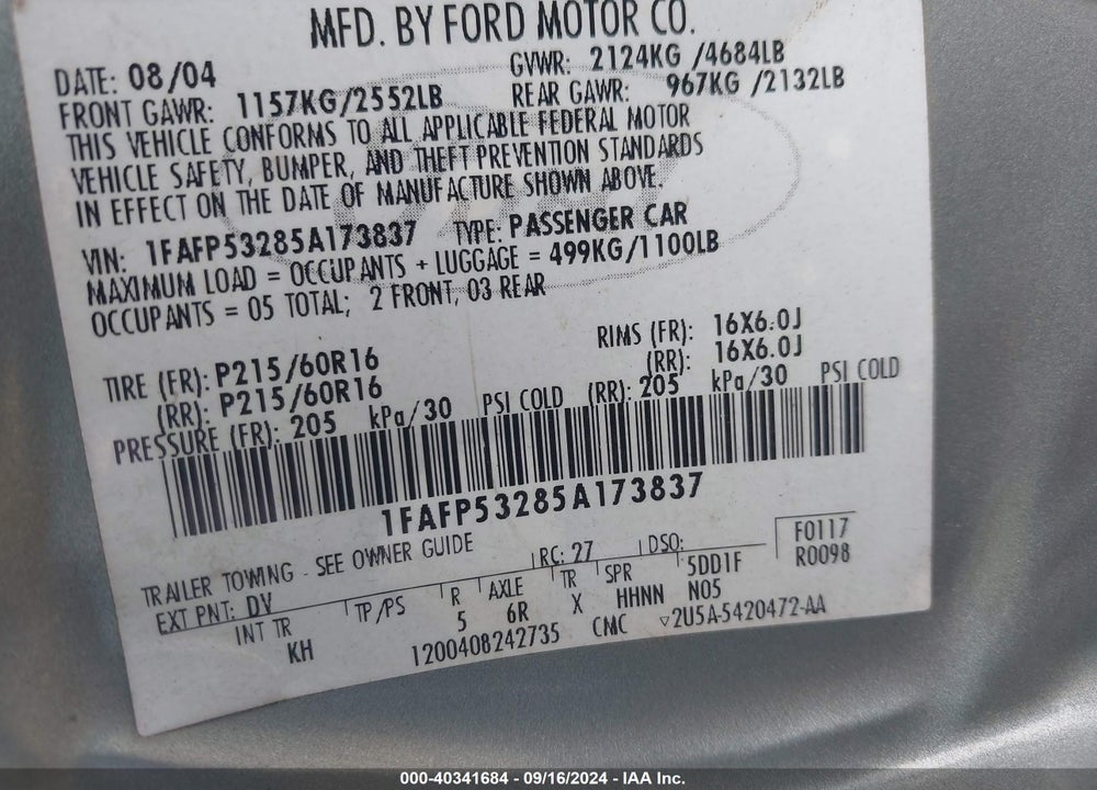 2005 FORD TAURUS SE VIN: 1FAFP53285A173837