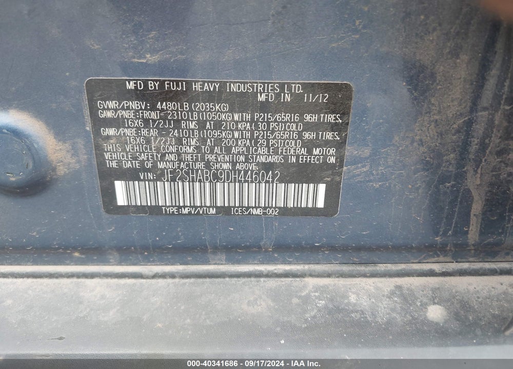 2013 SUBARU FORESTER 2.5X VIN: JF2SHABC9DH446042
