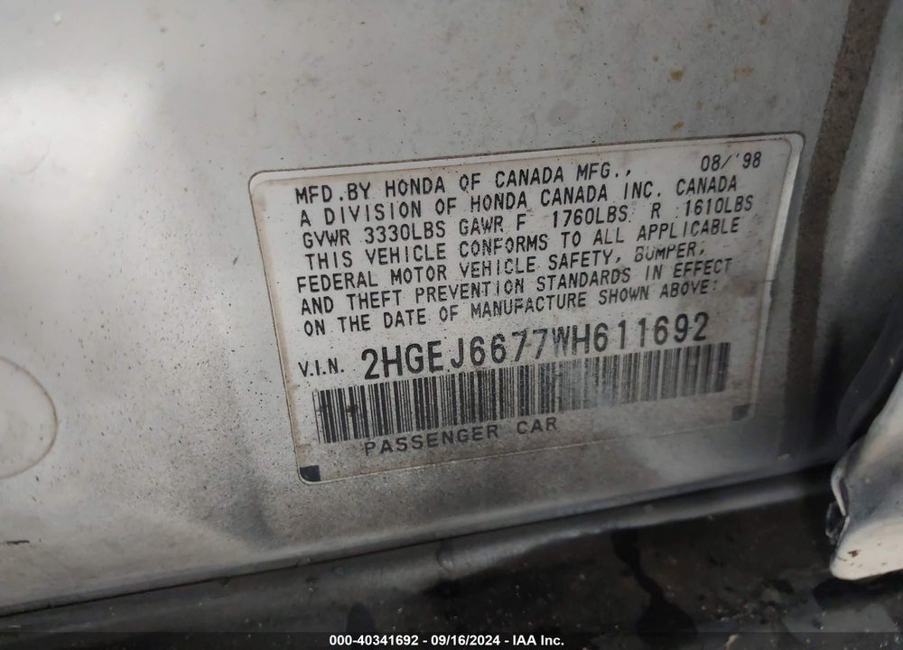1998 HONDA CIVIC LX VIN: 2HGEJ6677WH611692