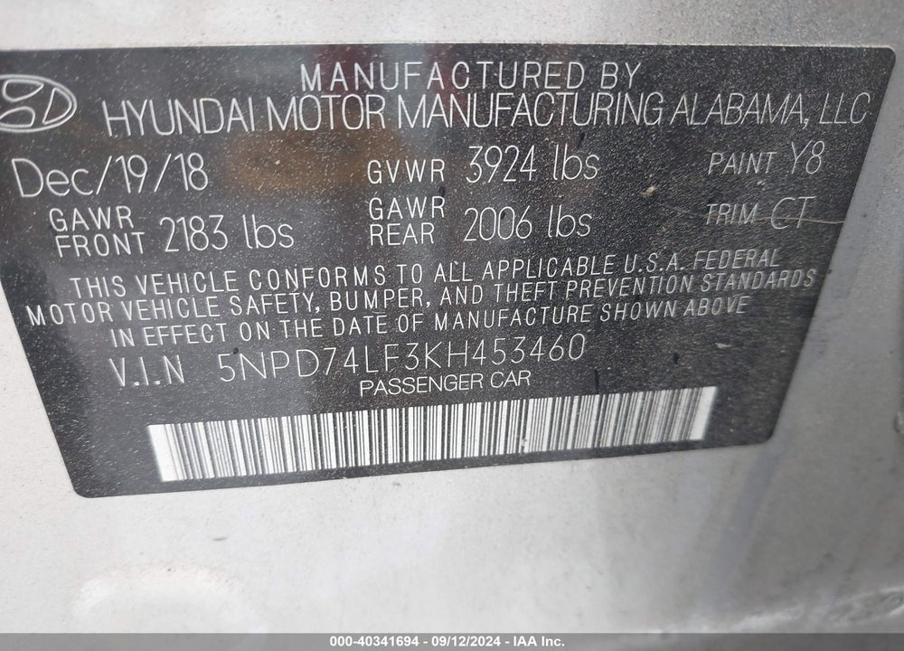 2019 HYUNDAI ELANTRA SE VIN: 5NPD74LF3KH453460