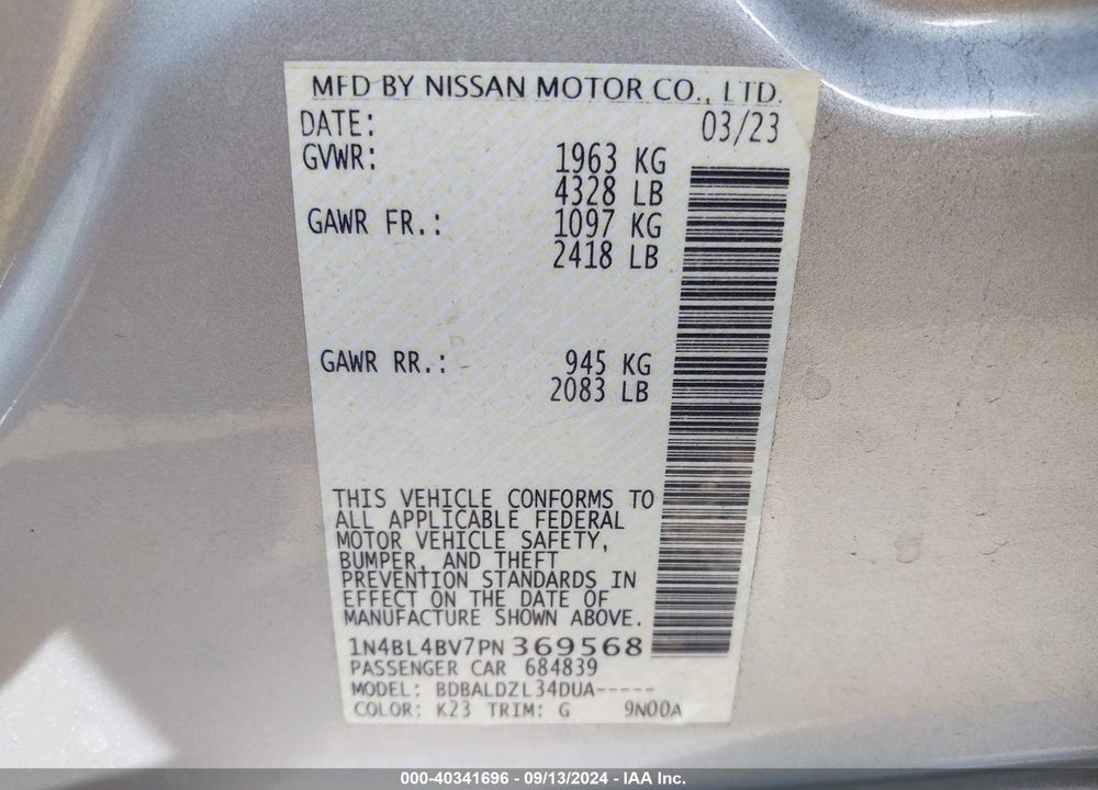 2023 NISSAN ALTIMA VIN: 1N4BL4BV7PN369568