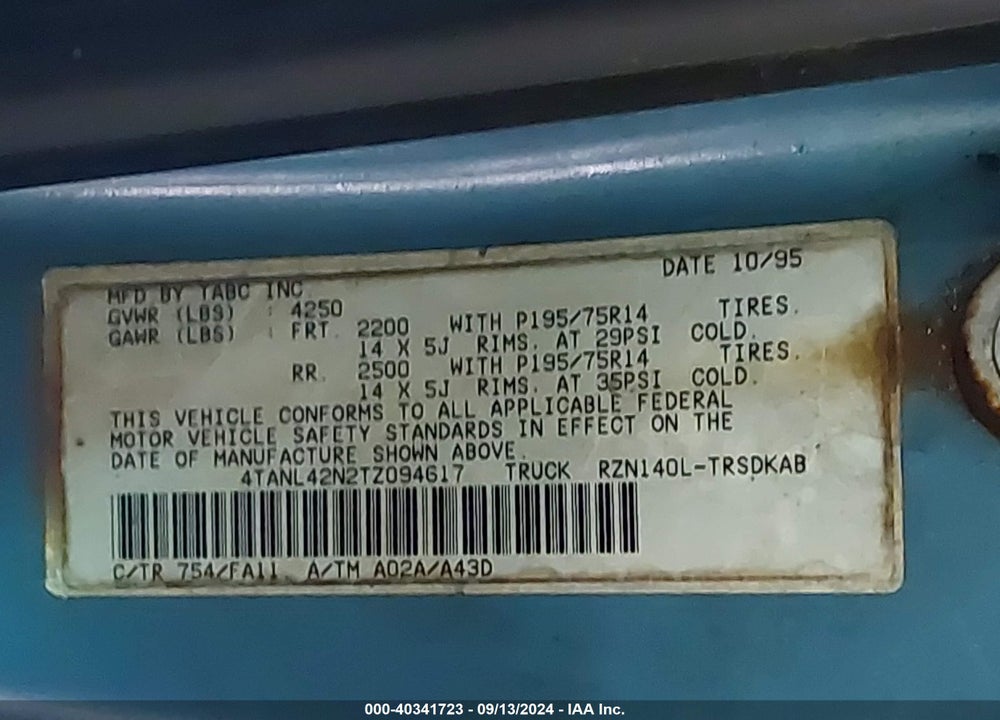 1996 TOYOTA TACOMA VIN: 4TANL42N2TZ094617