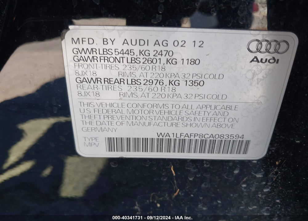 2012 AUDI Q5 2.0T PREMIUM VIN: WA1LFAFP8CA083594
