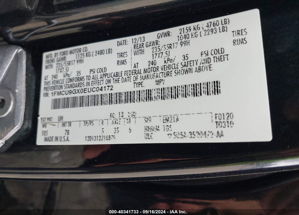 2014 FORD ESCAPE VIN: 1FMCU9GX0EUC04172