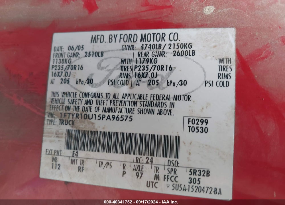 2005 FORD RANGER EDGE/STX/XL/XLS/XLT VIN: 1FTYR10U15PA96575