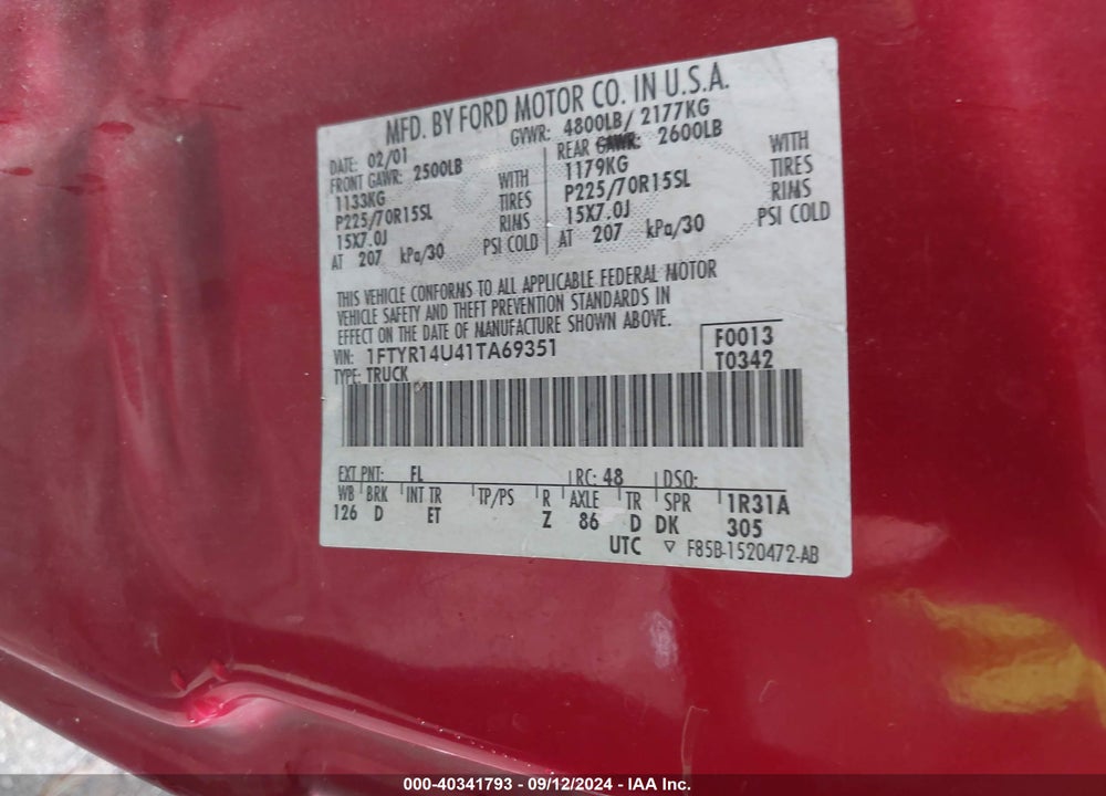 2001 FORD RANGER EDGE/XL/XLT VIN: 1FTYR14U41TA69351