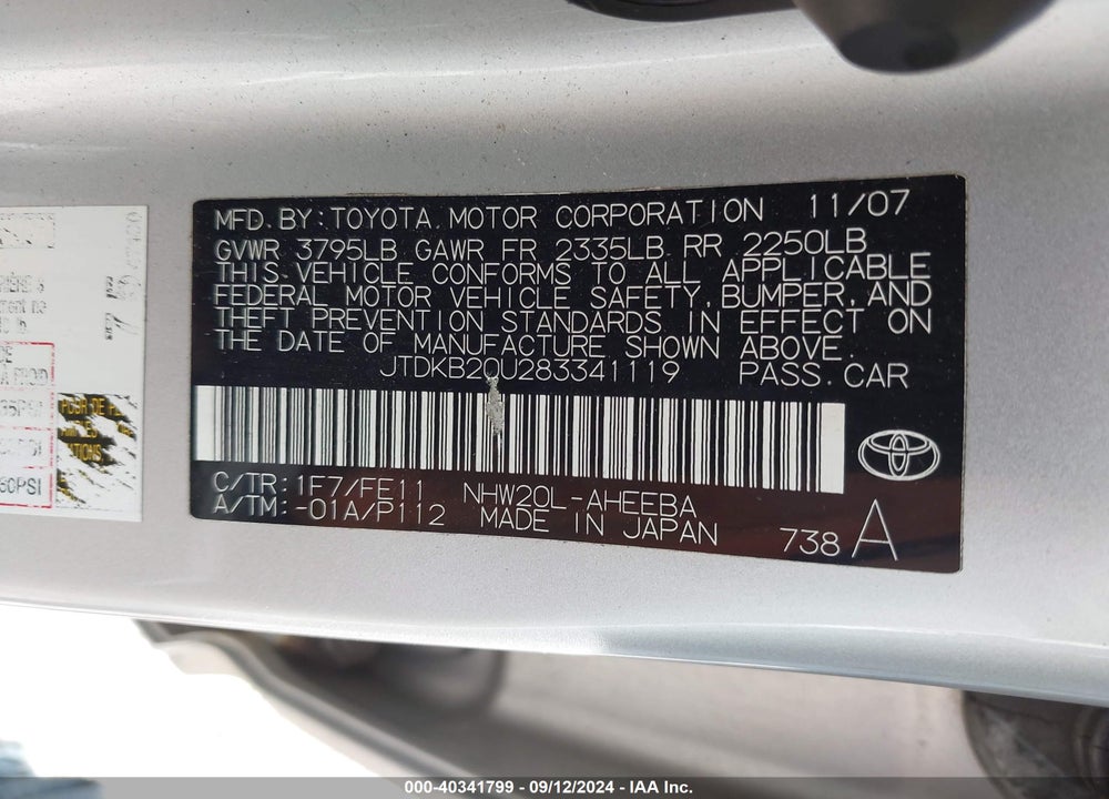 2008 TOYOTA PRIUS VIN: JTDKB20U283341119